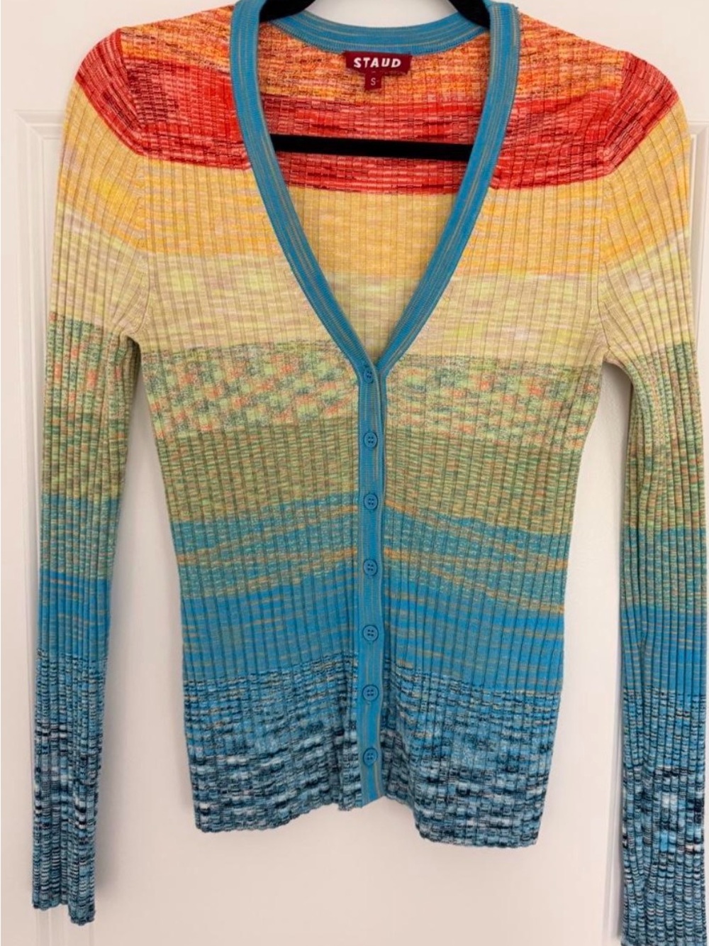 STAUD Multicolor Cargo Ribbed V-Neck Button Cardigan Small EUC